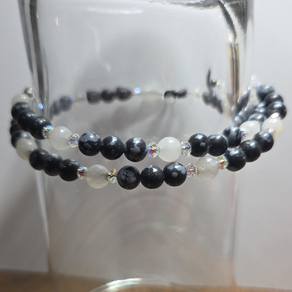 Handcrafted Snowflake Obsidian and Moonstone Beaded Bracelet - Black & White